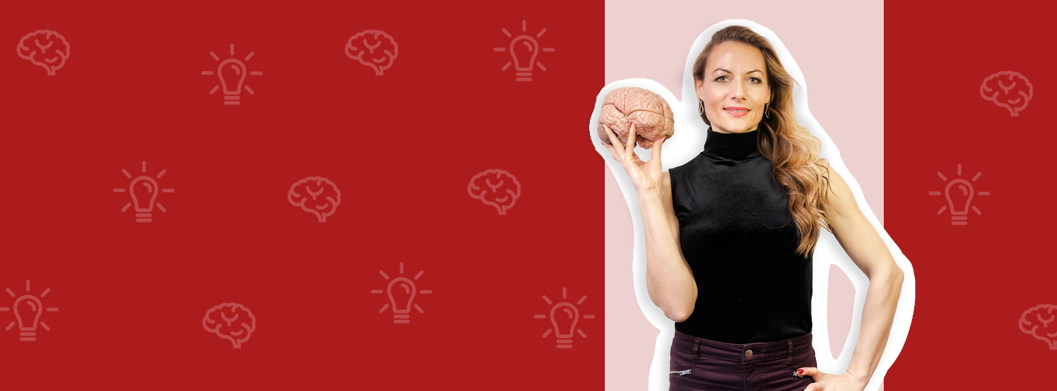 Žena u crnom topu drži model ljudskog mozga u jednoj ruci, nasmejana je i deluje samouvereno. Pozadina je crvena sa ilustracijama svetlosti i mozga, što sugeriše temu kreativnosti i inteligencije.